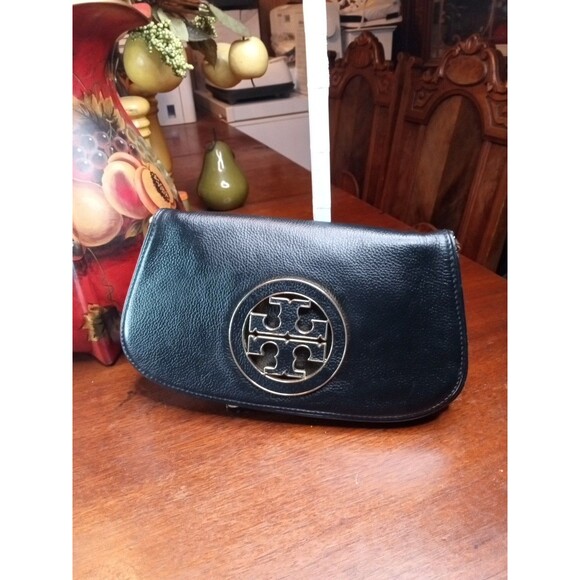 Tory Burch Crossbody Handbag Black Leather Shoulder Bag Clutch Purse Beautiful - Picture 2 of 10